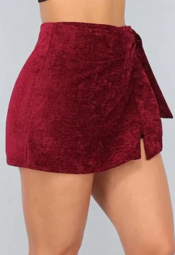 Bordeaux Rode Velours Overslag Skort met Strikdetail