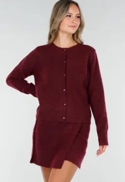 Bordeauxrood Gebreid Vest met Lange Mouwen en Knopen