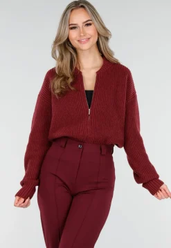 Bordeauxrood Ribgebreid Vest met Rits