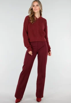 Bordeauxrood Ribgebreid Vest met Rits