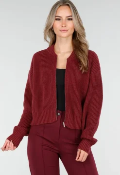 Bordeauxrood Ribgebreid Vest met Rits