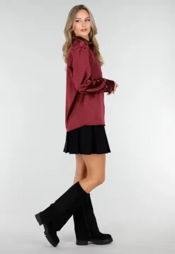 Bordeaux Satijnlook Blouse met Lange Mouwen en Knoopsluiting