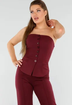 Bordeaux Strapless Korsettop met Knopen en Giletlook