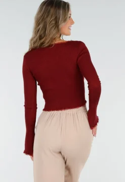 Bordeaux Stretch Rib Top met Teddybeertjes en Vierkante Halslijn