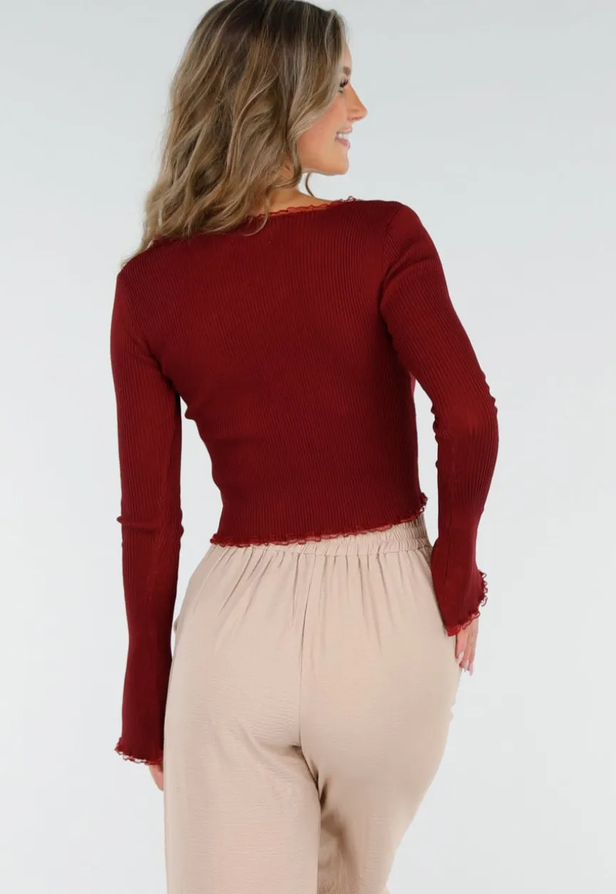 Bordeaux Stretch Rib Top met Teddybeertjes en Vierkante Halslijn
