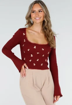 Bordeaux Stretch Rib Top met Teddybeertjes en Vierkante Halslijn