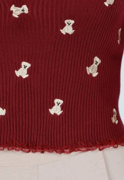 Bordeaux Stretch Rib Top met Teddybeertjes en Vierkante Halslijn
