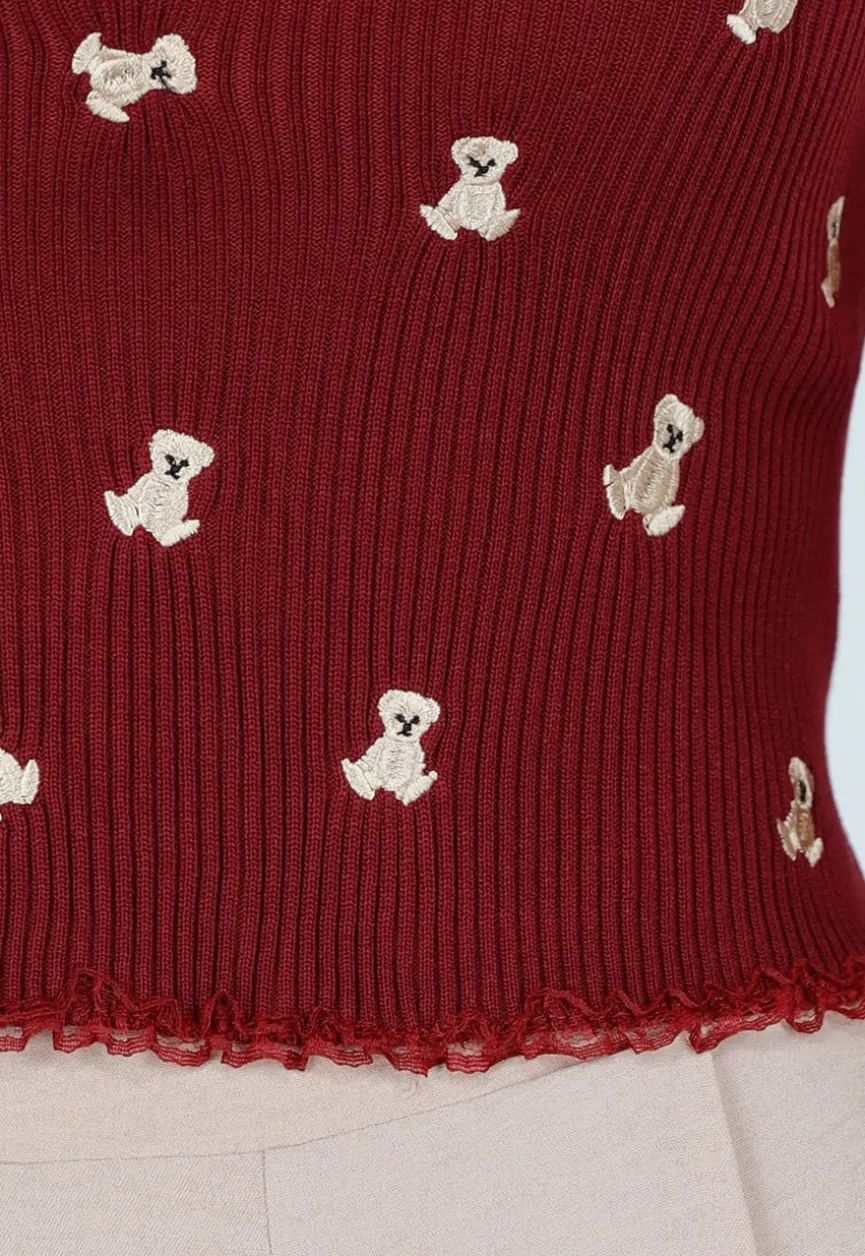 Bordeaux Stretch Rib Top met Teddybeertjes en Vierkante Halslijn