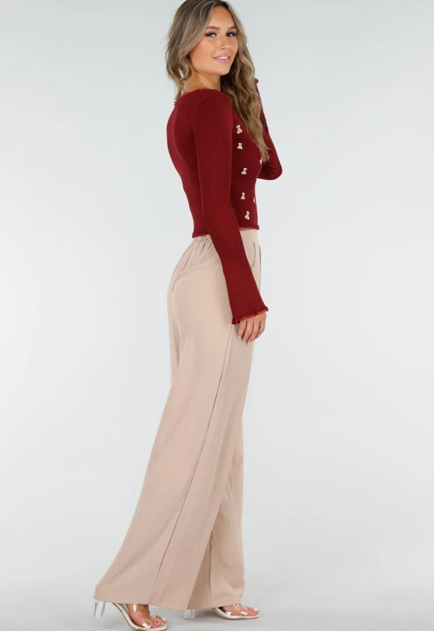 Bordeaux Stretch Rib Top met Teddybeertjes en Vierkante Halslijn