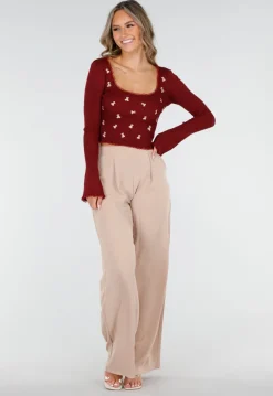 Bordeaux Stretch Rib Top met Teddybeertjes en Vierkante Halslijn