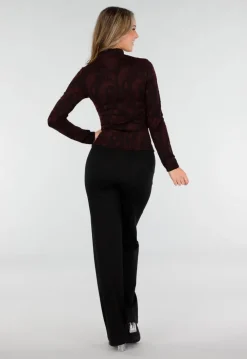 Bordeaux Stretch Top met Lange Mouwen en Col