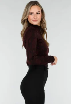 Bordeaux Stretch Top met Lange Mouwen en Col