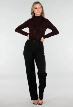 Bordeaux Stretch Top met Lange Mouwen en Col