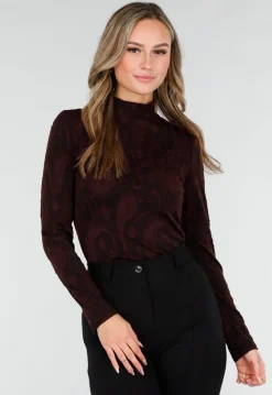 Bordeaux Stretch Top met Lange Mouwen en Col