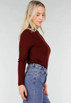 Bordeaux Top met Lange Mouwen en Col