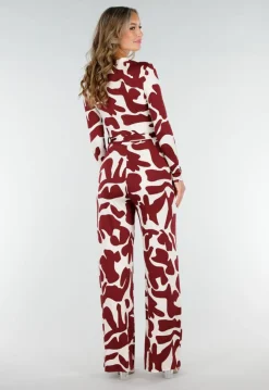 Bordeaux-Witte Stretch Jumpsuit met Print en Strikceintuur