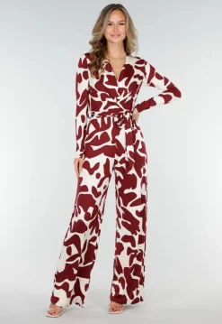 Bordeaux-Witte Stretch Jumpsuit met Print en Strikceintuur