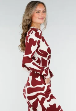 Bordeaux-Witte Stretch Jumpsuit met Print en Strikceintuur