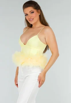 Botergele Tanktop met V-Hals en Tule Onderzijde met Stretch
