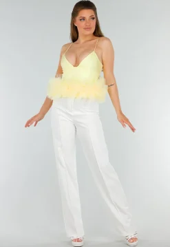 Botergele Tanktop met V-Hals en Tule Onderzijde met Stretch