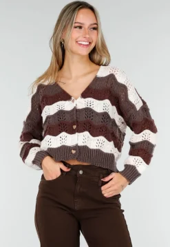 Bruin-Beige Gebreid Vest met Golvende Strepen en Hartvormige Knopen