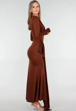 Bruine Asymmetrische Maxi Jurk met Cut Out en Draping
