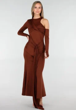 Bruine Asymmetrische Maxi Jurk met Cut Out en Draping