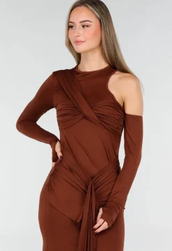 Bruine Asymmetrische Maxi Jurk met Cut Out en Draping