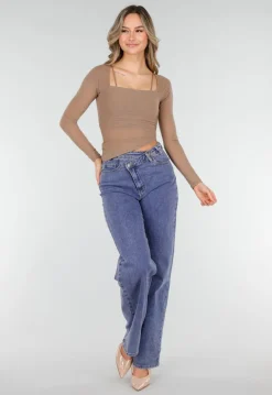 Bruine Asymmetrische Mesh Top met Lange Mouwen en Pads