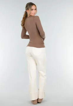 Bruine Asymmetrische Stretch Top met Lange Mouwen en Rimpeldetail