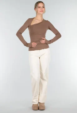 Bruine Asymmetrische Stretch Top met Lange Mouwen en Rimpeldetail
