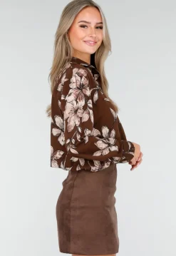 Bruine Blouse met Bloemenprint en Lange Mouwen