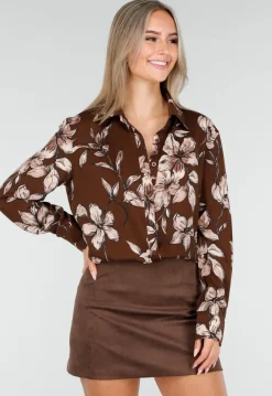 Bruine Blouse met Bloemenprint en Lange Mouwen