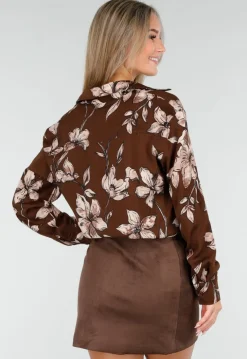 Bruine Blouse met Bloemenprint en Lange Mouwen