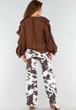 Bruine Blouse met Volants en Losvallende Ballonmouwen