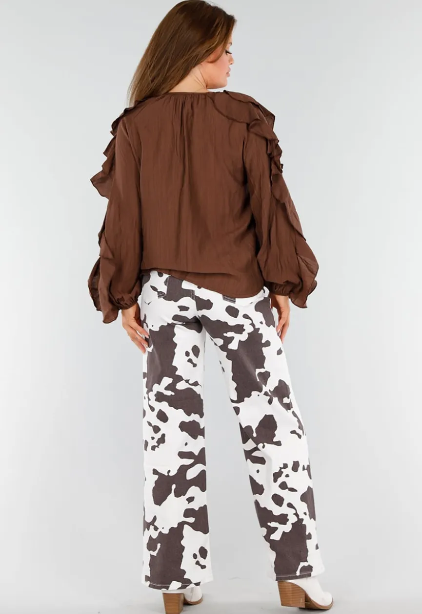Bruine Blouse met Volants en Losvallende Ballonmouwen