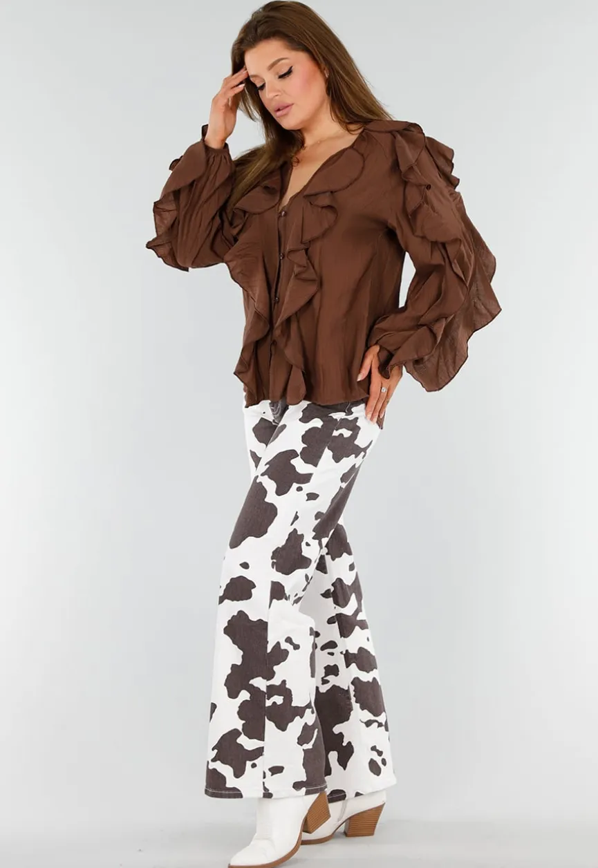 Bruine Blouse met Volants en Losvallende Ballonmouwen