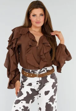 Bruine Blouse met Volants en Losvallende Ballonmouwen