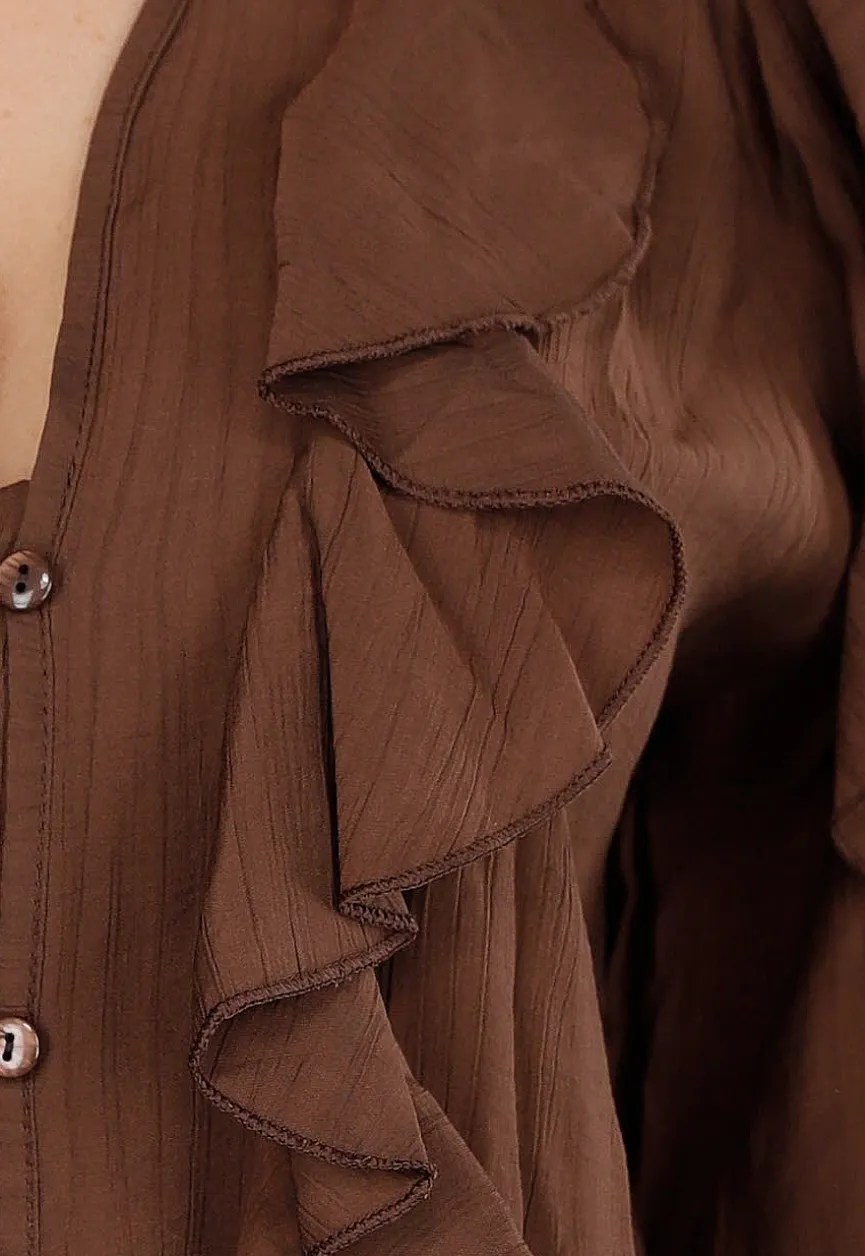 Bruine Blouse met Volants en Losvallende Ballonmouwen