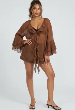 Bruine Chiffon Blouse met Ruches en Knoopsluiting