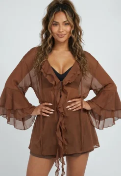 Bruine Chiffon Blouse met Ruches en Knoopsluiting