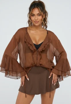 Bruine Chiffon Blouse met Ruches en Knoopsluiting