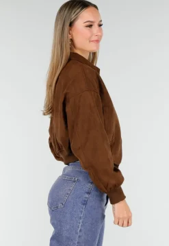Bruine Cropped Bomberjas met Zilverkleurige Rits en Utility-Zak op de Mouw
