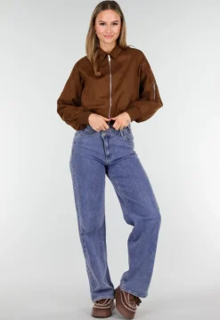 Bruine Cropped Bomberjas met Zilverkleurige Rits en Utility-Zak op de Mouw