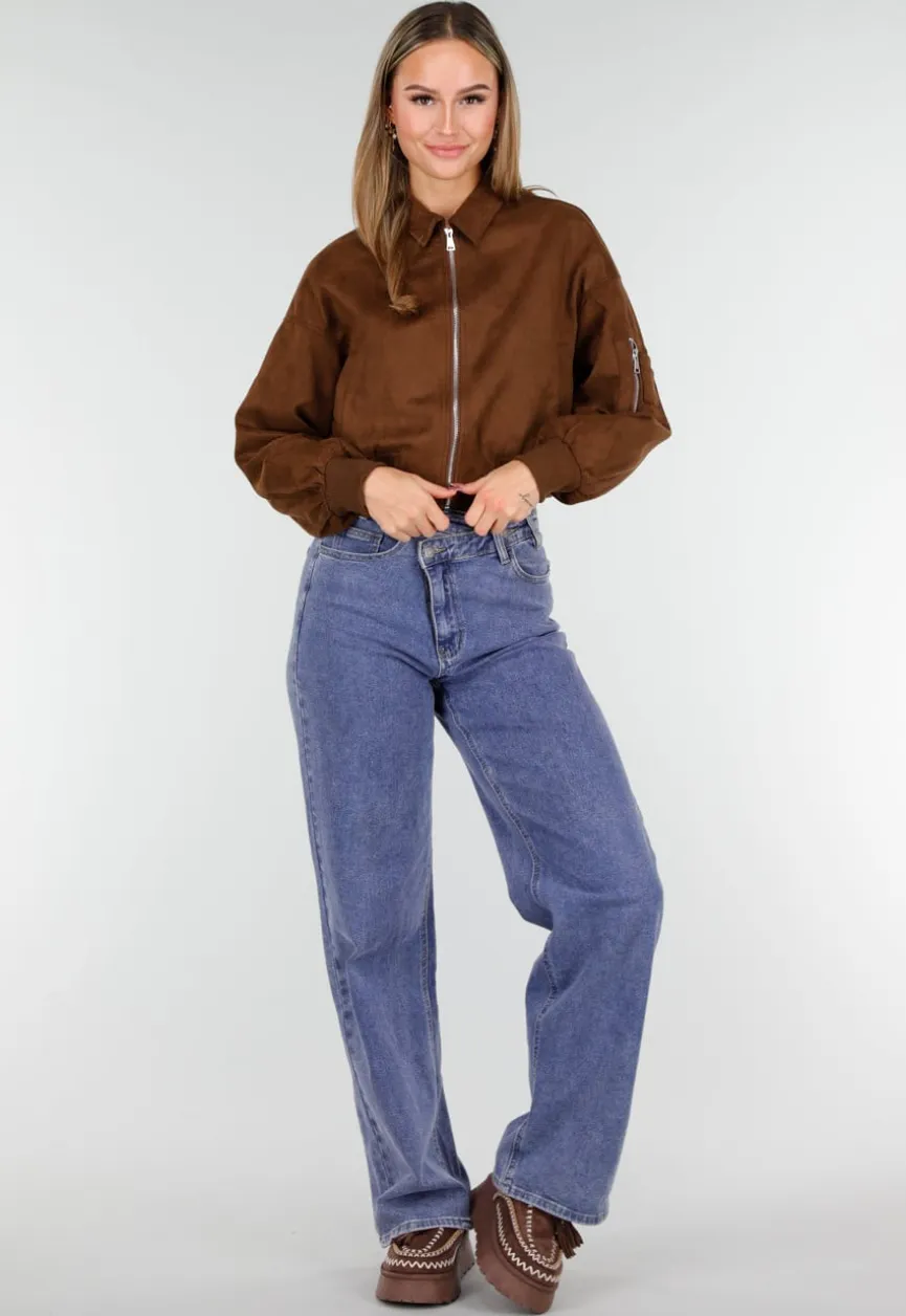 Bruine Cropped Bomberjas met Zilverkleurige Rits en Utility-Zak op de Mouw