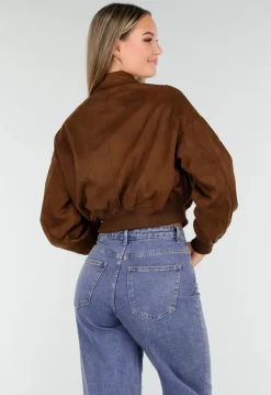Bruine Cropped Bomberjas met Zilverkleurige Rits en Utility-Zak op de Mouw