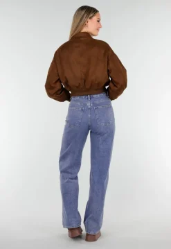 Bruine Cropped Bomberjas met Zilverkleurige Rits en Utility-Zak op de Mouw