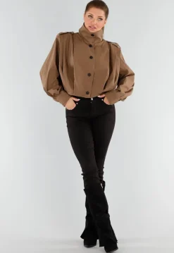 Bruine Cropped Trenchcoat met Knoopsluiting en Brede Kraag