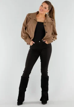 Bruine Cropped Trenchcoat met Knoopsluiting en Brede Kraag