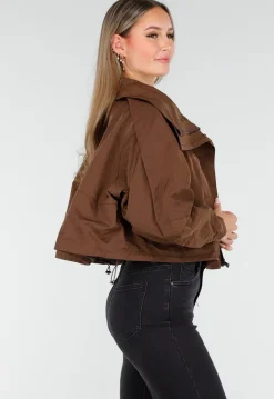 Bruine Cropped Windbreaker Jas met Brede Kraag